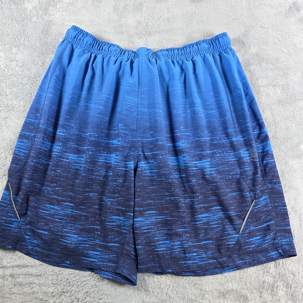 tasc Performance Men Large Blue Ombre Athletic Shorts Zipper Pocket Space Dye